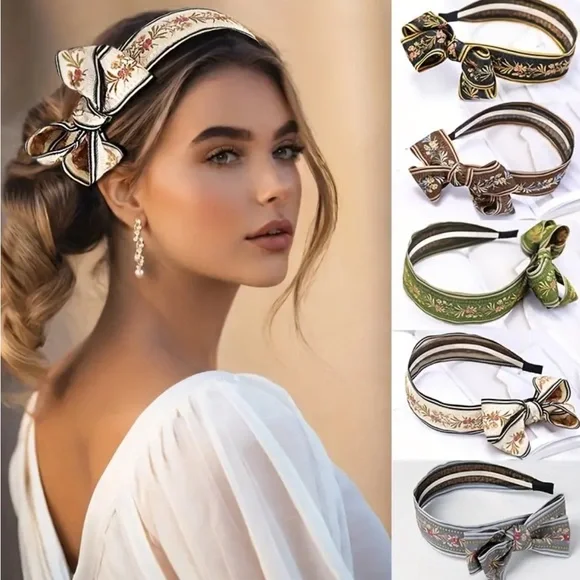 Black Vintage Style Bowknot Decorative Floral Headband - Picture 4 of 5